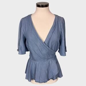 LOFT Wo,,ens Medium Wrap Top Blue 100% Lyocell V Neck Tie Back